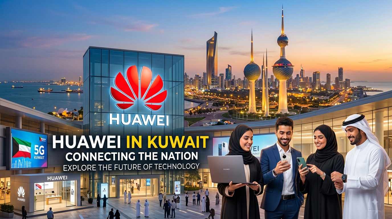 People using tech devices in front of a modern building and the city skyline, featuring a 'Huawei in Kuwait' promotional banner