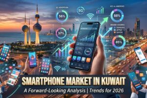 A composite image of the Smartphone Market in Kuwait, featuring a woman on the left, a man in traditional clothing on the right, and various data visualizations