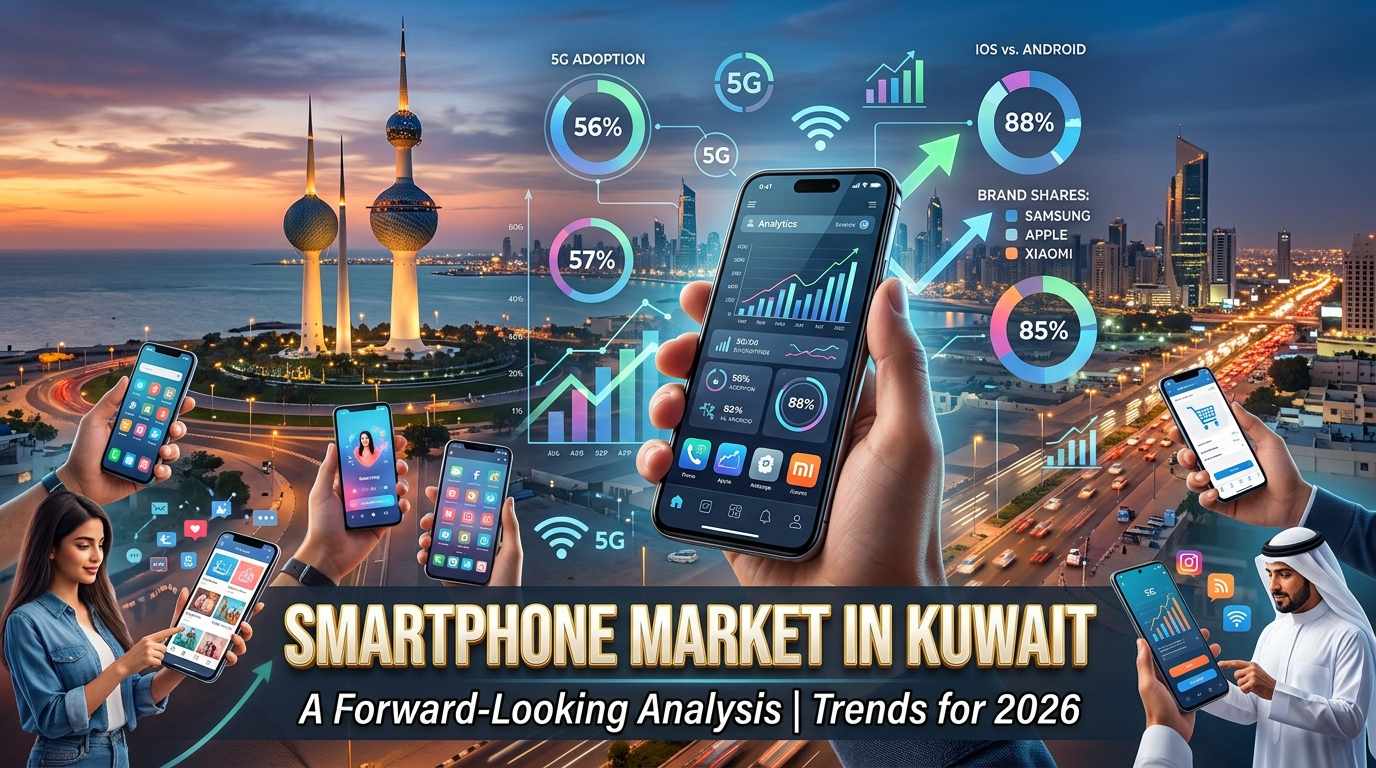 A composite image of the Smartphone Market in Kuwait, featuring a woman on the left, a man in traditional clothing on the right, and various data visualizations