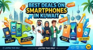Promotional image for Best Deals on Smartphones in Kuwait featuring people holding smartphones with discounts up to 50% off and Kuwait skyline background