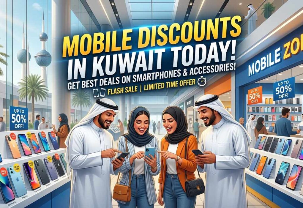 Mobile Discounts in Kuwait Today banner showing people shopping for smartphones with up to 50% off deals in a mall