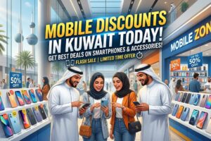 Mobile Discounts in Kuwait Today banner showing people shopping for smartphones with up to 50% off deals in a mall