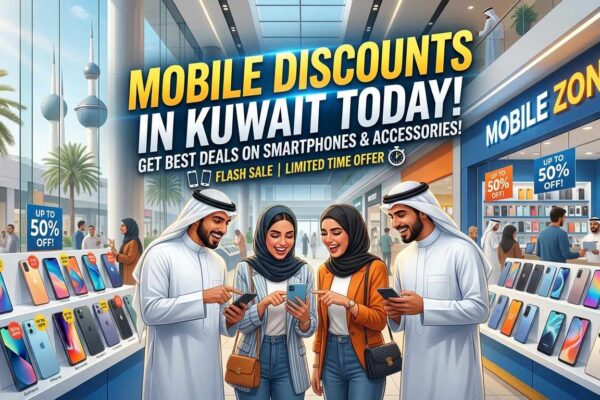 Mobile Discounts in Kuwait Today banner showing people shopping for smartphones with up to 50% off deals in a mall