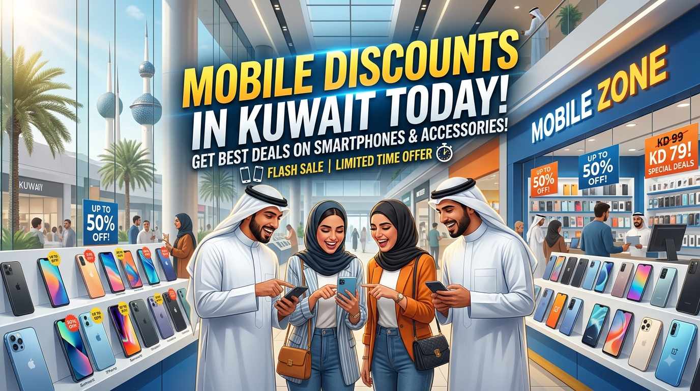 Mobile Discounts in Kuwait Today banner showing people shopping for smartphones with up to 50% off deals in a mall