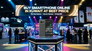 Google Pixel smartphone on display at a tech exhibition with a banner reading Buy Smartphone Online in Kuwait at Best Price