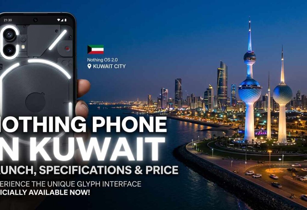 A promotional banner for Nothing Phone in Kuwait showing a hand holding the LED-lit smartphone against the illuminated Kuwait Towers skyline at night