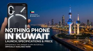 A promotional banner for Nothing Phone in Kuwait showing a hand holding the LED-lit smartphone against the illuminated Kuwait Towers skyline at night