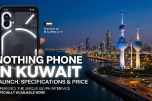 A promotional banner for Nothing Phone in Kuwait showing a hand holding the LED-lit smartphone against the illuminated Kuwait Towers skyline at night