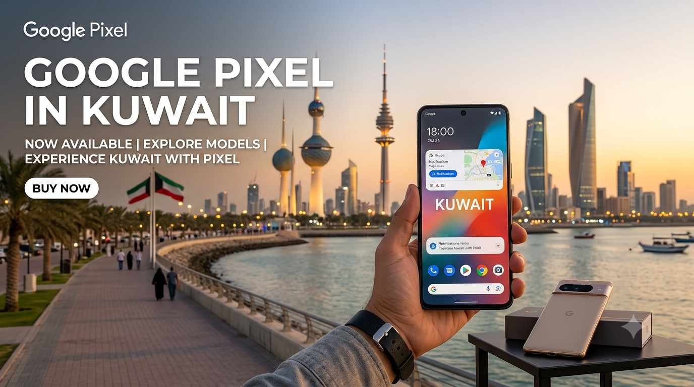 An advertisement for the Google Pixel in Kuwait, featuring a hand holding a Google Pixel phone against the backdrop of the Kuwait City skyline, including the Kuwait Towers. The phone displays a map of Kuwait. There's also a "Google Pixel in Kuwait" text overlay and a "Buy Now" button