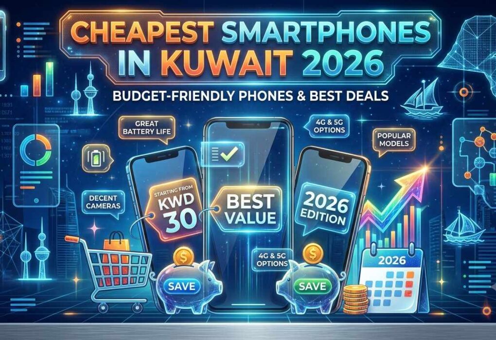 A digital graphic for "Cheapest Smartphones in Kuwait 2026" featuring budget mobile phones, price tags starting from KWD 30, piggy banks, shopping icons, and the Kuwait skyline set against a neon blue tech background