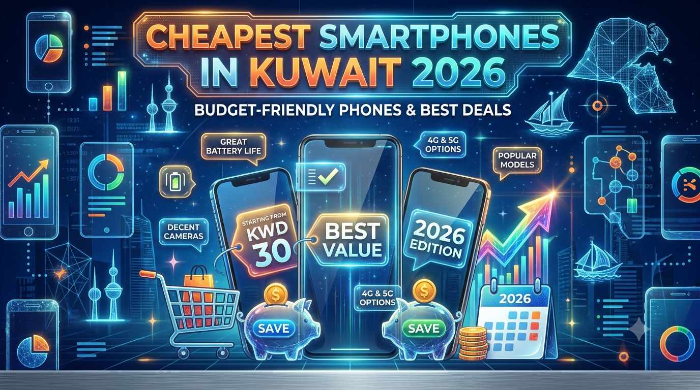 A digital graphic for "Cheapest Smartphones in Kuwait 2026" featuring budget mobile phones, price tags starting from KWD 30, piggy banks, shopping icons, and the Kuwait skyline set against a neon blue tech background