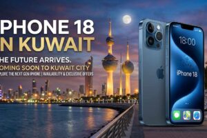 Promotional banner for the iPhone 18 in Kuwait, showcasing a blue smartphone set against the illuminated Kuwait City skyline and Kuwait Towers at night