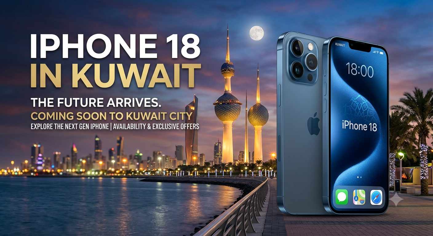 Promotional banner for the iPhone 18 in Kuwait, showcasing a blue smartphone set against the illuminated Kuwait City skyline and Kuwait Towers at night