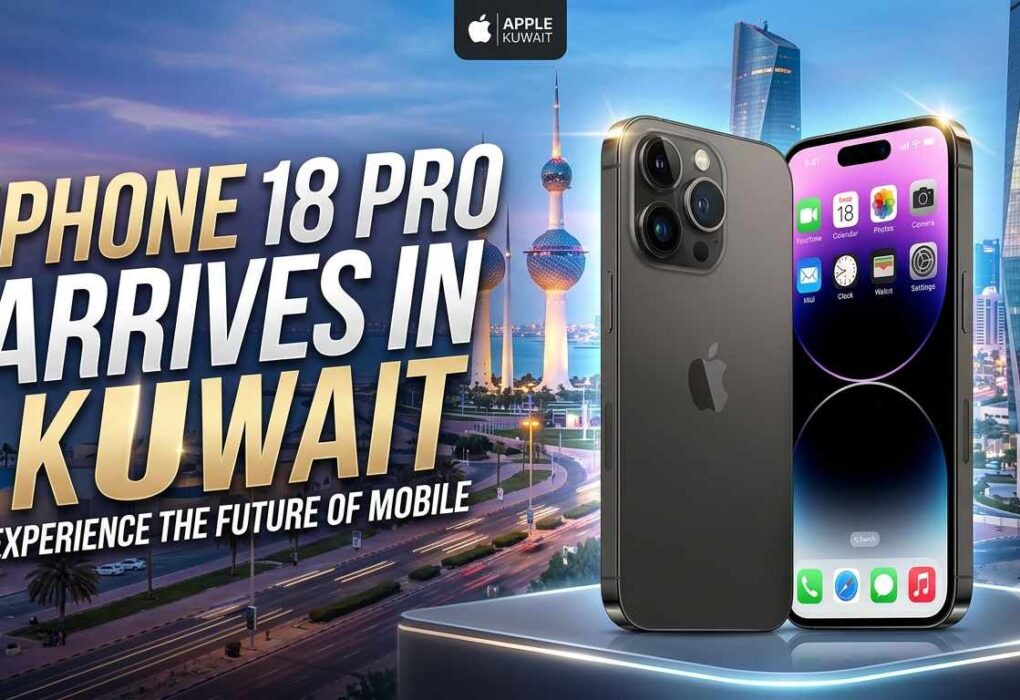 An advertisement showing the launch of the new iPhone 18 Pro in Kuwait, featuring a futuristic city background and an Apple logo