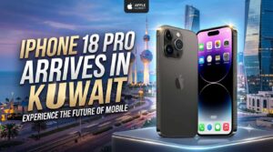An advertisement showing the launch of the new iPhone 18 Pro in Kuwait, featuring a futuristic city background and an Apple logo