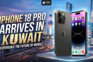 An advertisement showing the launch of the new iPhone 18 Pro in Kuwait, featuring a futuristic city background and an Apple logo
