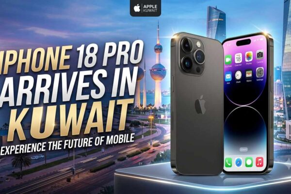 An advertisement showing the launch of the new iPhone 18 Pro in Kuwait, featuring a futuristic city background and an Apple logo