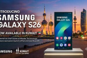 Promotional banner announcing the Samsung Galaxy S26 in Kuwait, showcasing the smartphone on a podium against the illuminated Kuwait Towers skyline at sunset