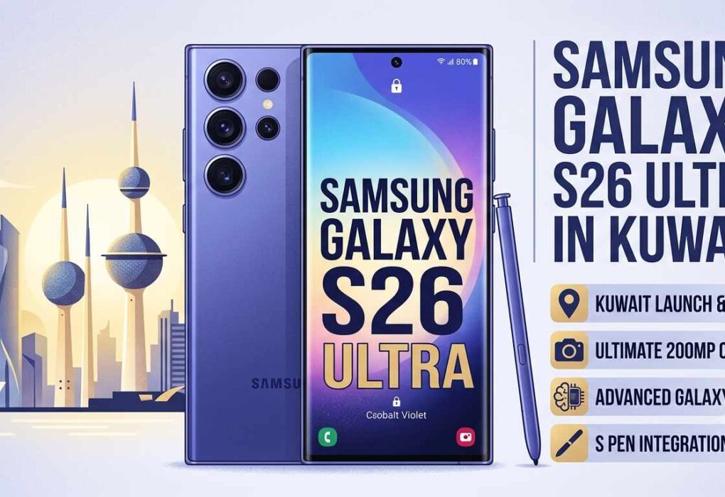 An informational graphic for the Samsung Galaxy S26 Ultra in Cobalt Violet, showcasing the phone with an S Pen against a background featuring the Kuwait Towers. The text highlights a 200MP camera, Advanced Galaxy AI, S Pen, and Kuwait launch details