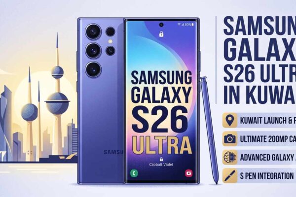 An informational graphic for the Samsung Galaxy S26 Ultra in Cobalt Violet, showcasing the phone with an S Pen against a background featuring the Kuwait Towers. The text highlights a 200MP camera, Advanced Galaxy AI, S Pen, and Kuwait launch details