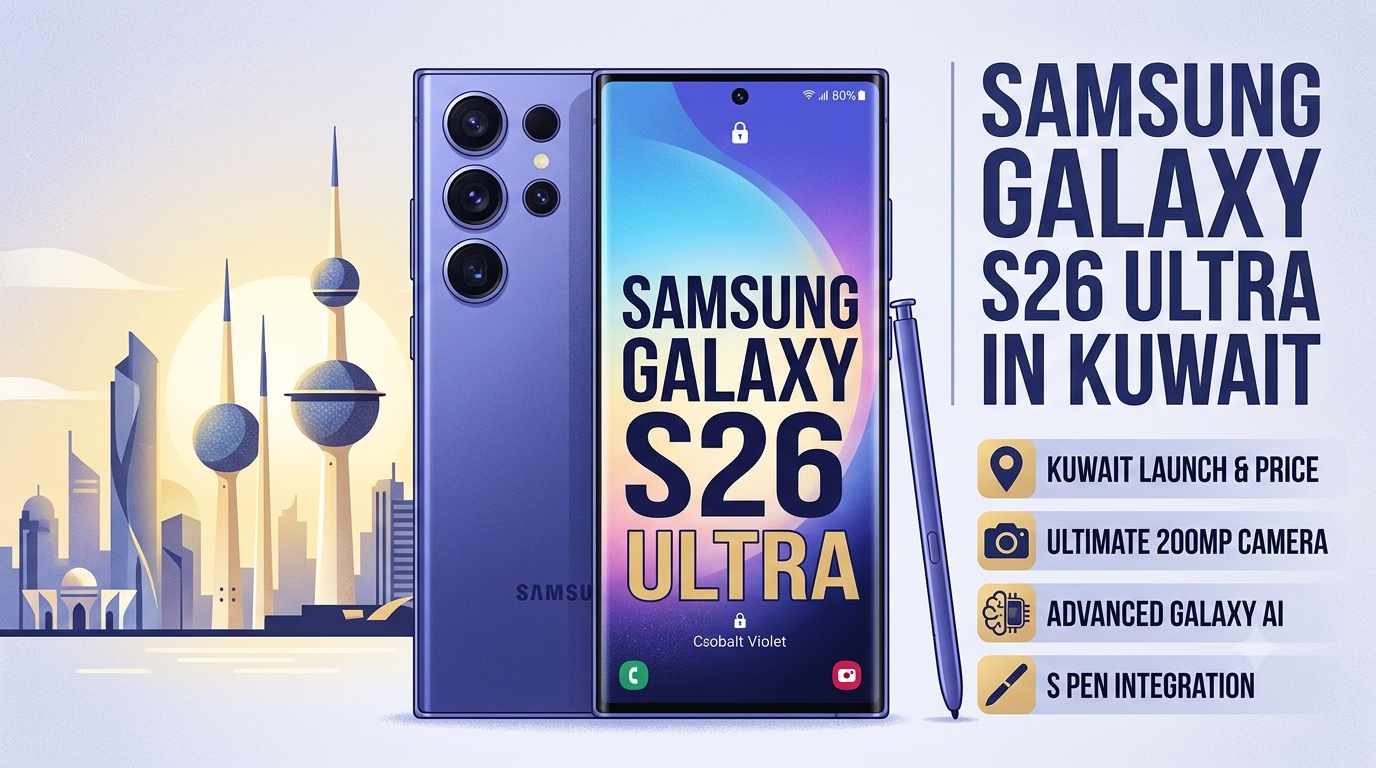 An informational graphic for the Samsung Galaxy S26 Ultra in Cobalt Violet, showcasing the phone with an S Pen against a background featuring the Kuwait Towers. The text highlights a 200MP camera, Advanced Galaxy AI, S Pen, and Kuwait launch details