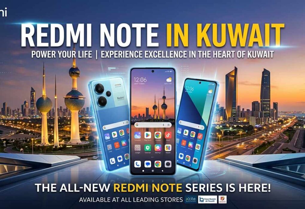 Redmi Note in Kuwait promo image featuring three smartphones against the sunset Kuwait City skyline, announcing the launch of the new series across leading stores