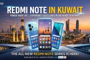 Redmi Note in Kuwait promo image featuring three smartphones against the sunset Kuwait City skyline, announcing the launch of the new series across leading stores