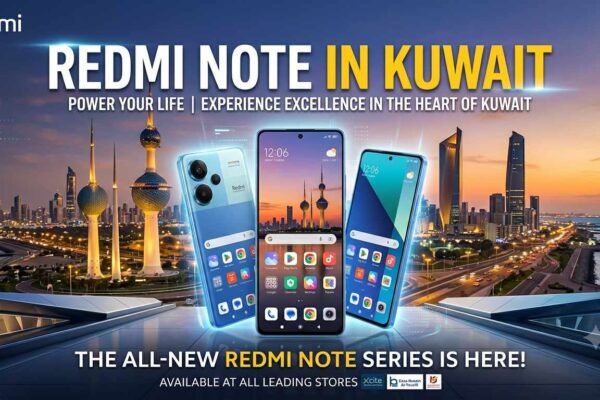 Redmi Note in Kuwait promo image featuring three smartphones against the sunset Kuwait City skyline, announcing the launch of the new series across leading stores