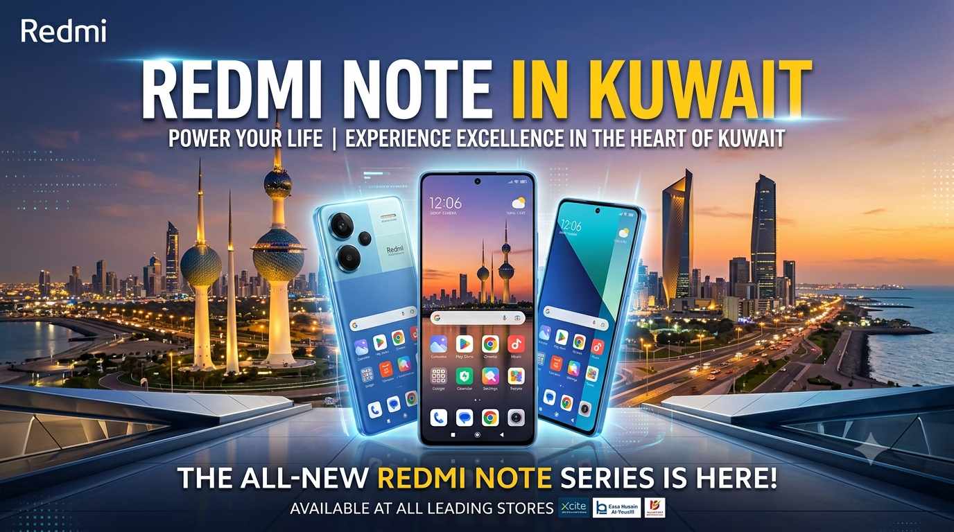 Redmi Note in Kuwait promo image featuring three smartphones against the sunset Kuwait City skyline, announcing the launch of the new series across leading stores