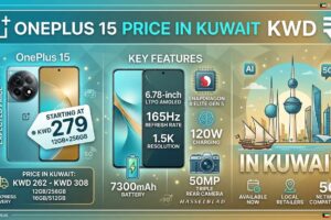 An infographic highlighting the OnePlus 15 Price in Kuwait starting at KWD 279 (12GB/256GB), with a price range of KWD 262 – KWD 308. Key features shown include a 6.78-inch 165Hz LTPO AMOLED display, Snapdragon 8 Elite Gen 5 processor, 50MP Hasselblad triple rear camera, 7300mAh battery, and 120W charging set against Kuwait city landmarks