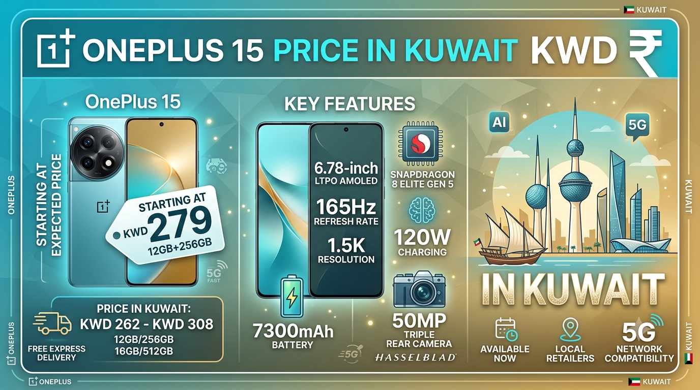 An infographic highlighting the OnePlus 15 Price in Kuwait starting at KWD 279 (12GB/256GB), with a price range of KWD 262 – KWD 308. Key features shown include a 6.78-inch 165Hz LTPO AMOLED display, Snapdragon 8 Elite Gen 5 processor, 50MP Hasselblad triple rear camera, 7300mAh battery, and 120W charging set against Kuwait city landmarks
