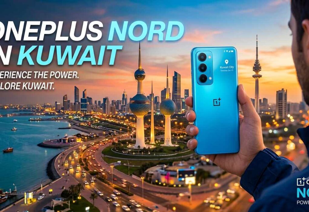A person holding a blue smartphone with the Kuwait City skyline at sunset, featuring the text "OnePlus Nord in Kuwait