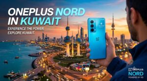A person holding a blue smartphone with the Kuwait City skyline at sunset, featuring the text OnePlus Nord in Kuwait
