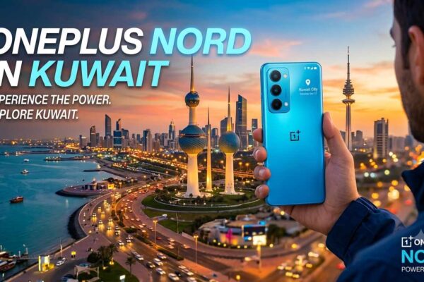 A person holding a blue smartphone with the Kuwait City skyline at sunset, featuring the text "OnePlus Nord in Kuwait