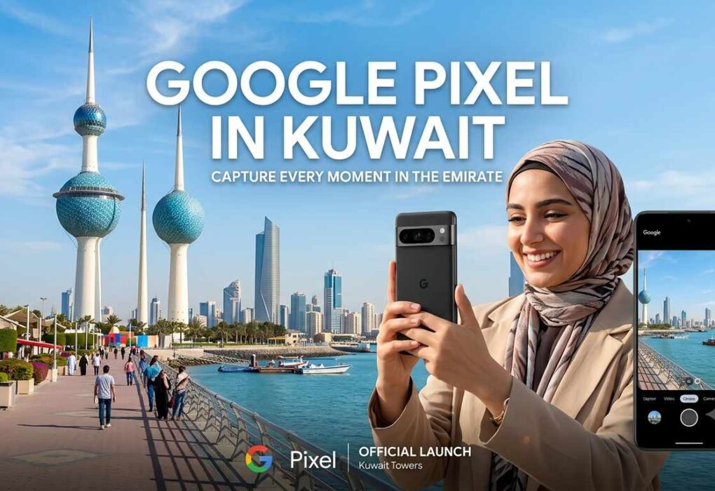 A woman smiling while holding a phone and taking a photo, with the iconic Kuwait Towers in the background, promoting Google Pixel in Kuwait