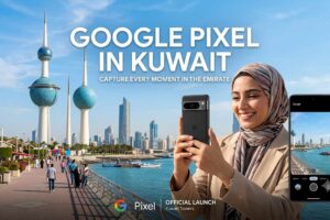 A woman smiling while holding a phone and taking a photo, with the iconic Kuwait Towers in the background, promoting Google Pixel in Kuwait