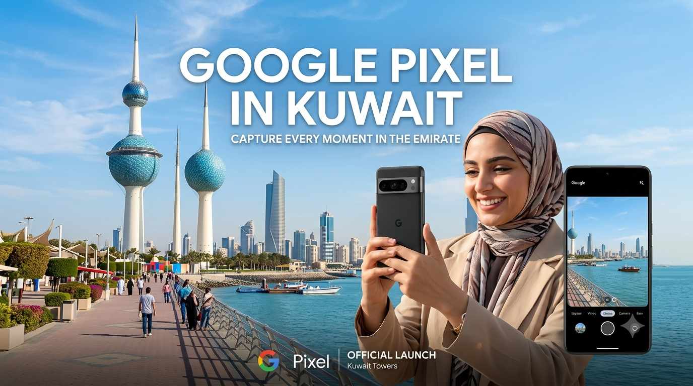 A woman smiling while holding a phone and taking a photo, with the iconic Kuwait Towers in the background, promoting Google Pixel in Kuwait