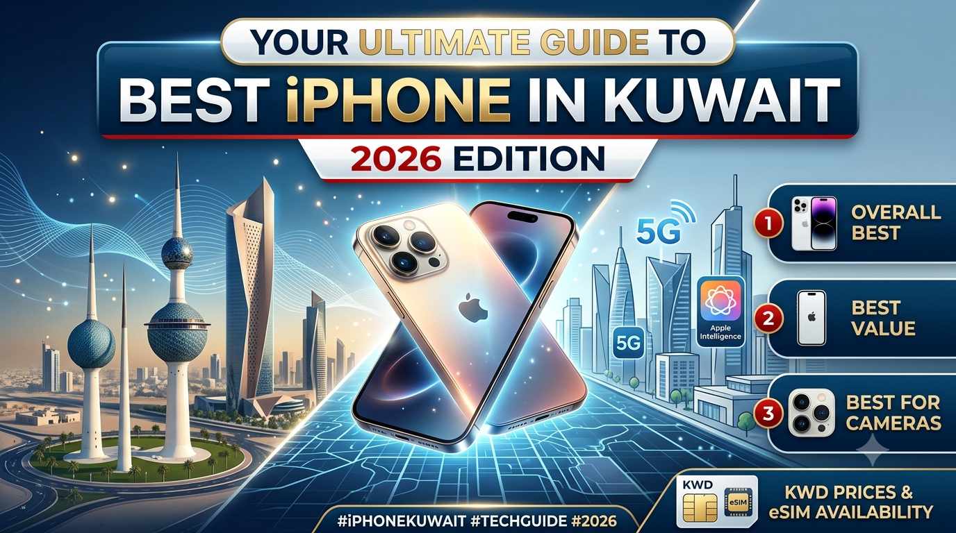 Your Ultimate Guide to Best iPhone in Kuwait 2026 Edition banner showcasing iPhones over the Kuwait skyline, highlighting categories for Overall Best, Best Value, Best for Cameras, and KWD prices with eSIM support