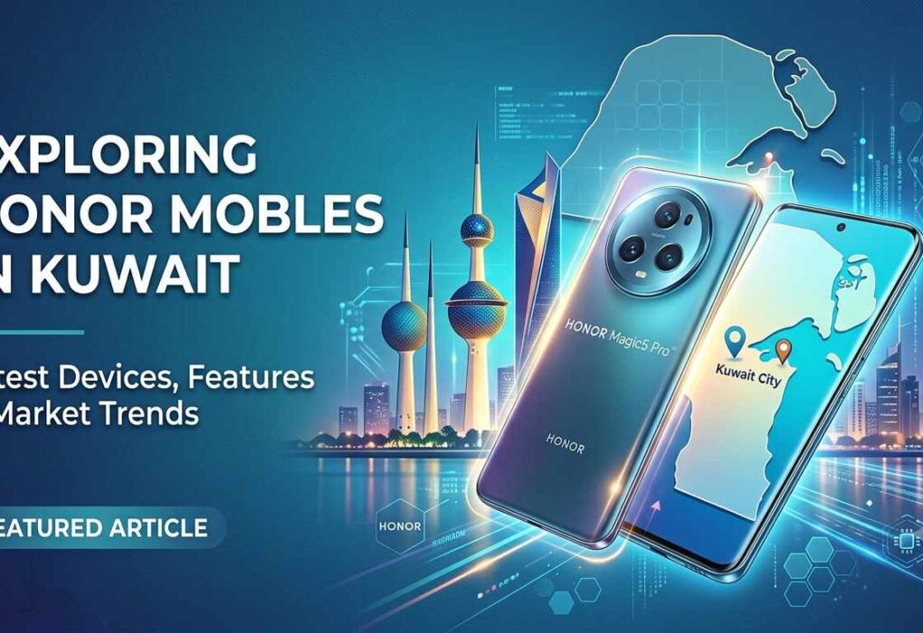 ​A promotional banner for an article on Honor Mobile in Kuwait, featuring two Honor Magic5 Pro smartphones in front of the illuminated Kuwait Towers and cityscape skyline