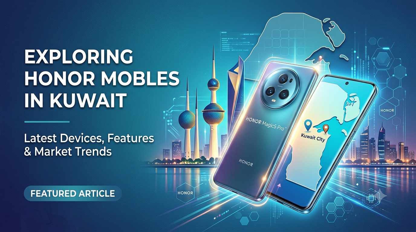 ​A promotional banner for an article on Honor Mobile in Kuwait, featuring two Honor Magic5 Pro smartphones in front of the illuminated Kuwait Towers and cityscape skyline