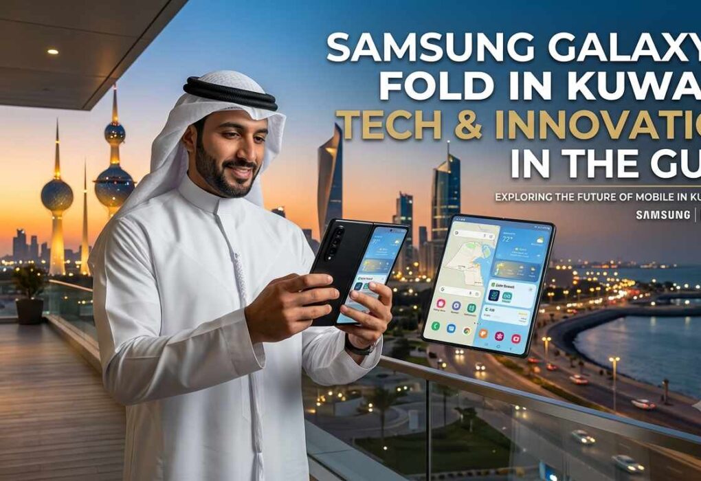 ​Man in traditional Arab attire holding a Samsung Galaxy Z Fold on a balcony overlooking the Kuwait City skyline