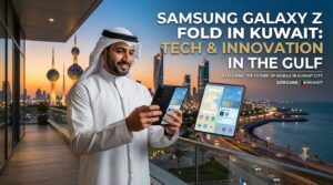 Man in traditional Arab attire holding a Samsung Galaxy Z Fold on a balcony overlooking the Kuwait City skyline