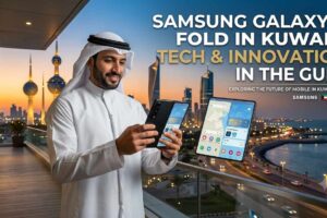 ​Man in traditional Arab attire holding a Samsung Galaxy Z Fold on a balcony overlooking the Kuwait City skyline