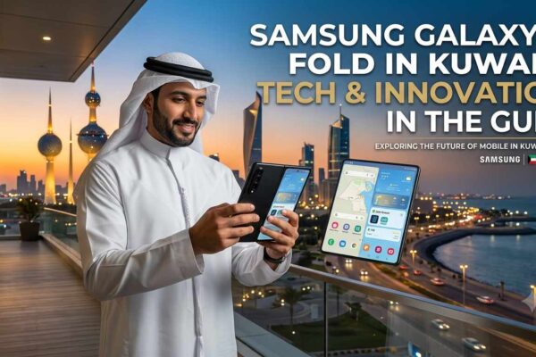 ​Man in traditional Arab attire holding a Samsung Galaxy Z Fold on a balcony overlooking the Kuwait City skyline
