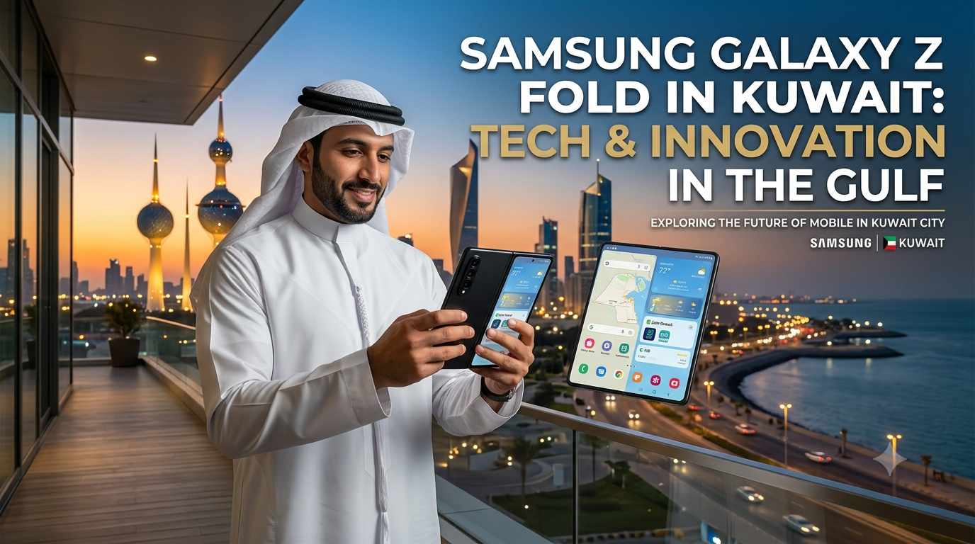 ​Man in traditional Arab attire holding a Samsung Galaxy Z Fold on a balcony overlooking the Kuwait City skyline