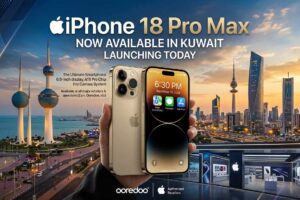 Promotional poster announcing the launch of the iPhone 18 Pro Max in Kuwait, showing the phone displayed against the Kuwait City skyline and Kuwait Towers with major carrier logos
