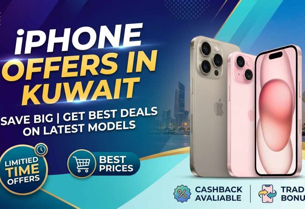 Promotional banner for iPhone Offers in Kuwait featuring latest iPhone models, Kuwait Towers in the background, and deal badges for limited-time offers, best prices, cashback, and trade-in bonus