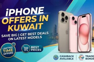 Promotional banner for iPhone Offers in Kuwait featuring latest iPhone models, Kuwait Towers in the background, and deal badges for limited-time offers, best prices, cashback, and trade-in bonus