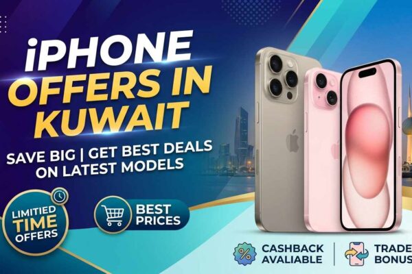 Promotional banner for iPhone Offers in Kuwait featuring latest iPhone models, Kuwait Towers in the background, and deal badges for limited-time offers, best prices, cashback, and trade-in bonus