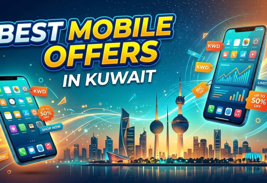 ​Promotional banner featuring two smartphones over the Kuwait skyline, advertising the best mobile offers in Kuwait with up to 50% off